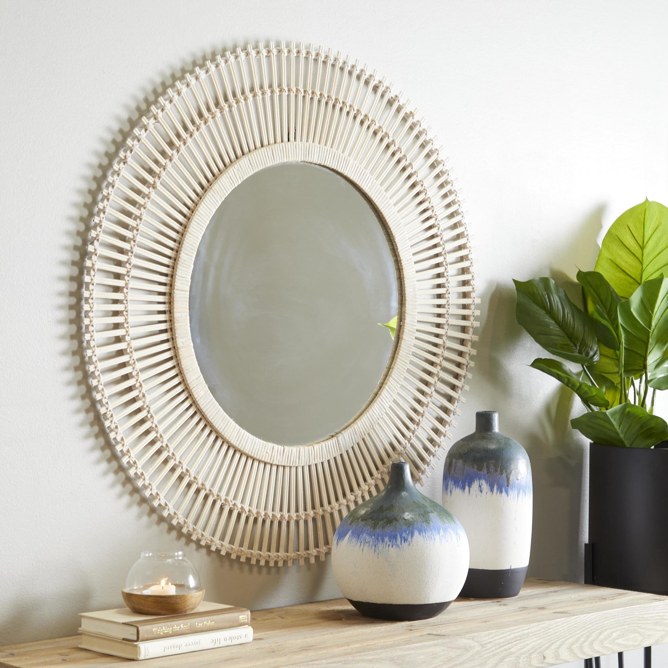 DecMode 36" x 36" Cream Handmade Stick Starburst Wall Mirror with Wrapped Rattan