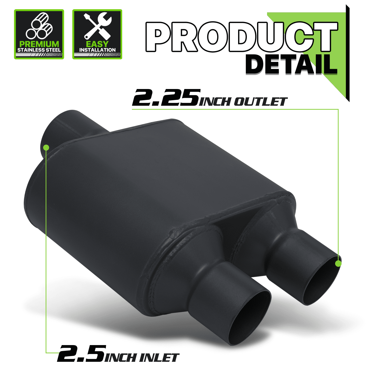 Magshion Black 2.5" Inlet 2.25" Outlet Stainless Steel Dual Chambered Exhaust Muffler Straight-Through Round Tip