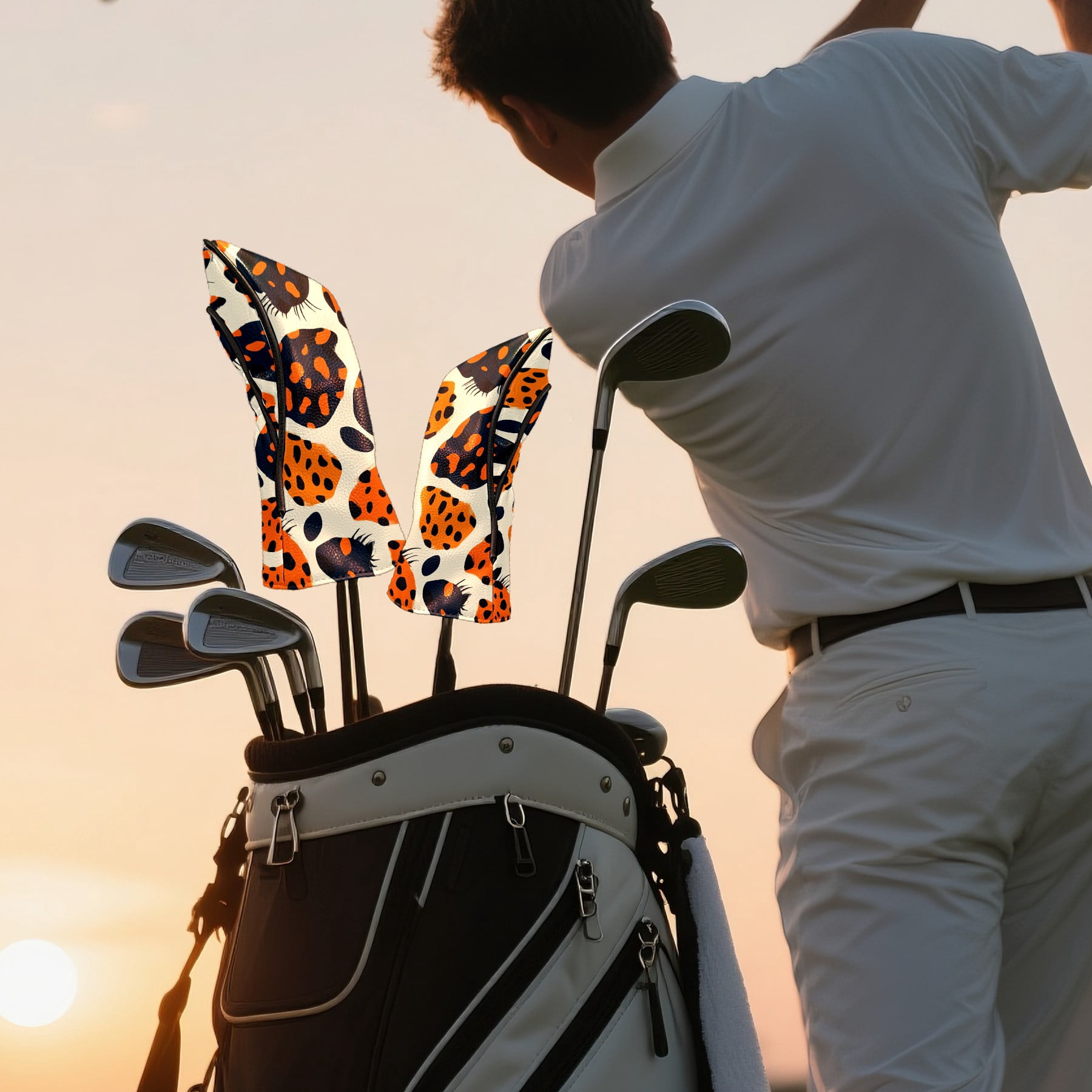Golf Club Covers PU Leather Waterproof Head Covers for Fairway Woods Hybrids Leopard Print