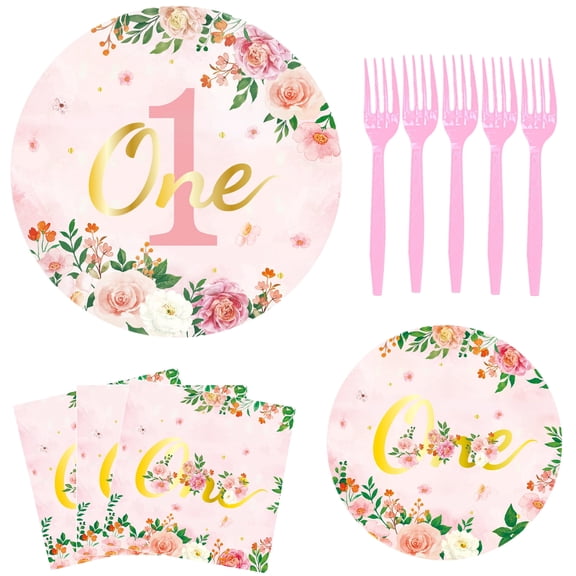 96 Pcs 1st Birthday Party Supplies, First Year Floral Birthday Tableware Decorations Favors for Baby Shower, Girls One Birthday Dinner Dessrt Plates Napkins and Forks Dinnerware, Serves 24 Guests