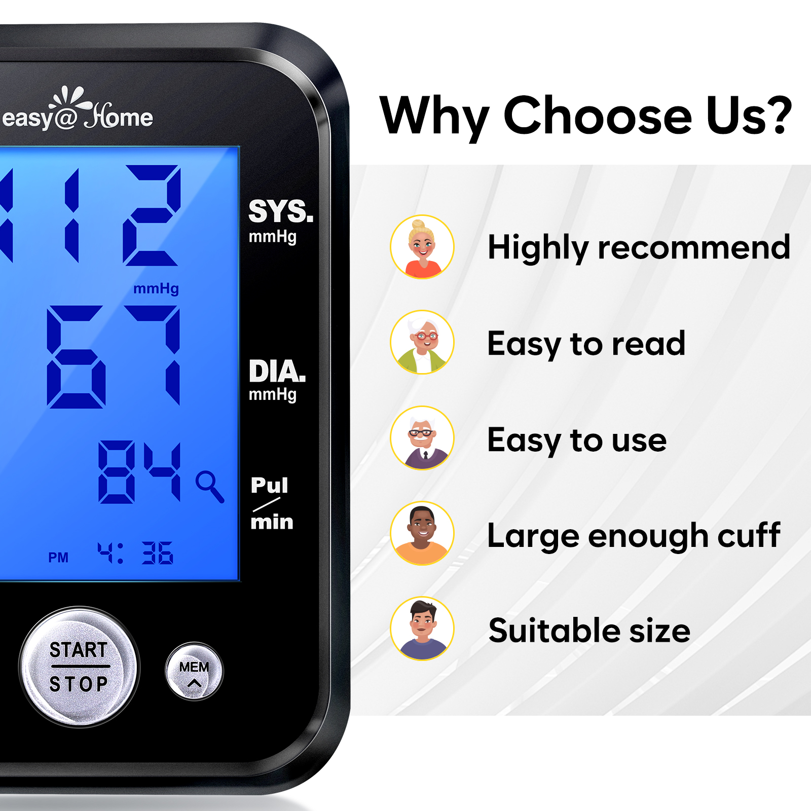 Easy@Home Automatic Upper Arm Blood Pressure Monitor EBP-095 with 3 Color Backlit Display and Accessories
