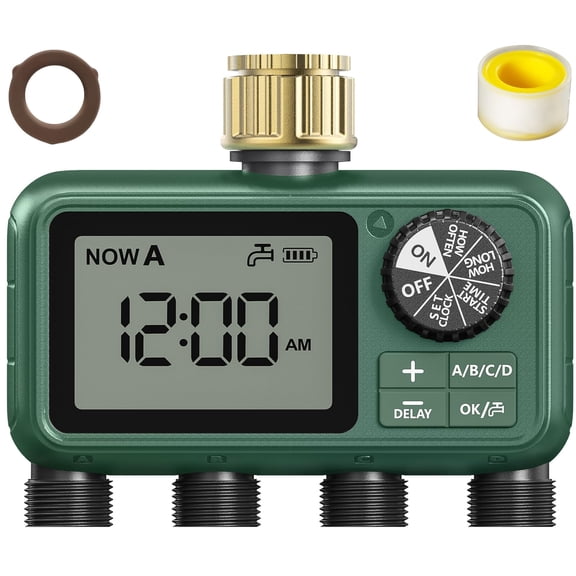 Water Timer with 4 Outlet for Garden and Lawn– Programmable Irrigation Systems with Rain Delay, Manual/Automatic Modes, Low Battery Warning