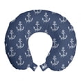 thumbnail image 1 of Nautical Travel Pillow Neck Rest, Continuous Pattern of Ship Anchor Silhouettes Marine Striped Design, Memory Foam Traveling Accessory Airplane and Car, 12", Slate Blue and Off White, by Ambesonne, 1 of 2