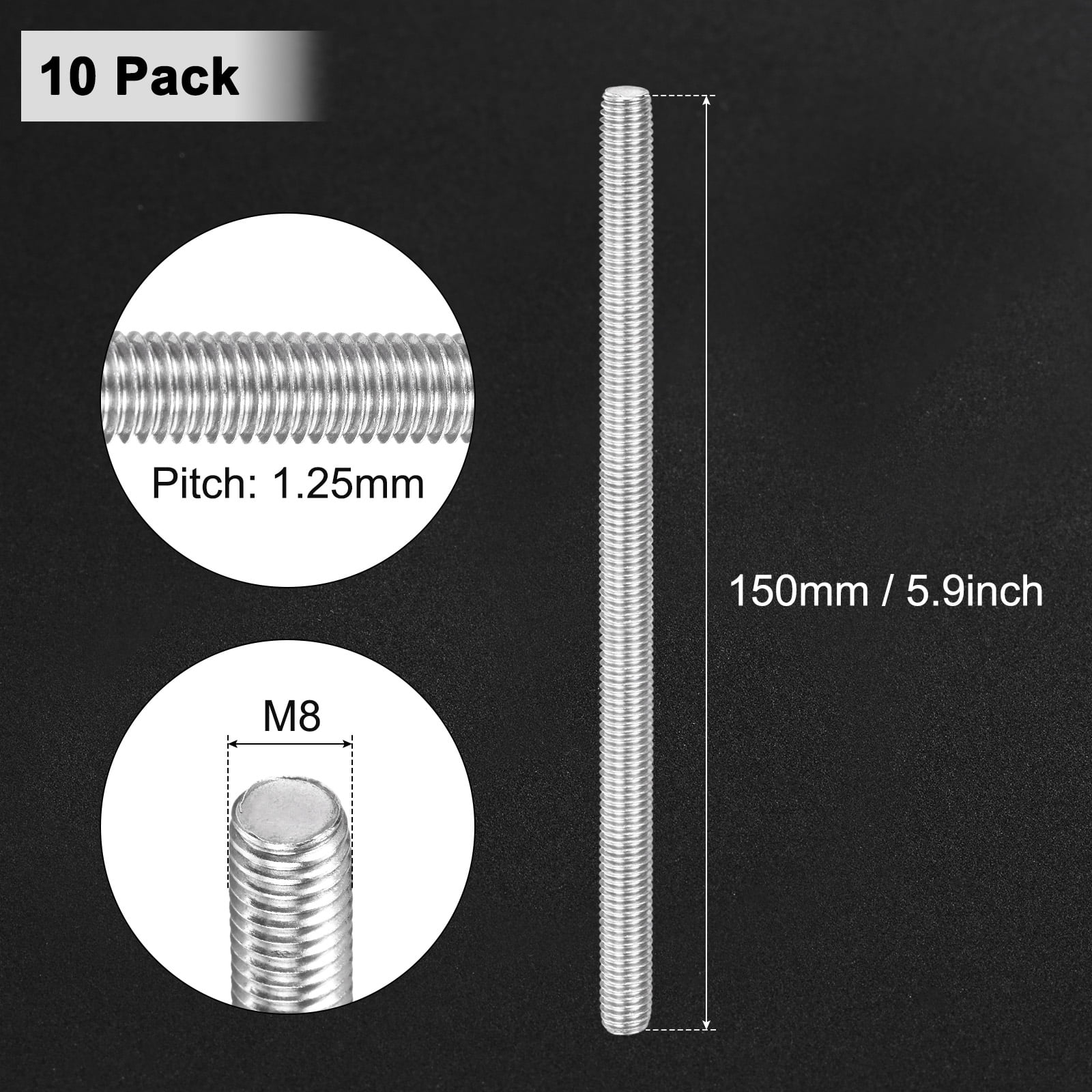 Uxcell 10-Pack Fully Threaded Rod, M8x150mm 304 Stainless Steel Right Hand Thread Bar Studs