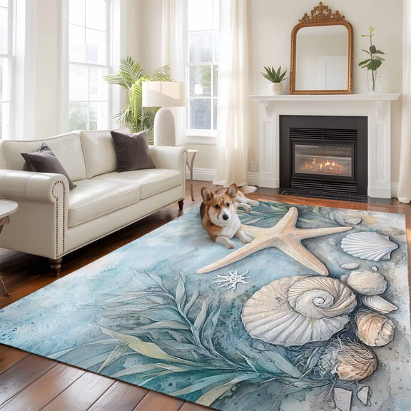 5'x8' Area Rugs, Coastal Starfish Indoor Outdoor Area Rug for Living Room Bedroom, Beach Summer Starfish Nautical Shell Blue Washable Bathroom Rugs Kitchen Floor Carpet Mats Home Decor Aesthetic