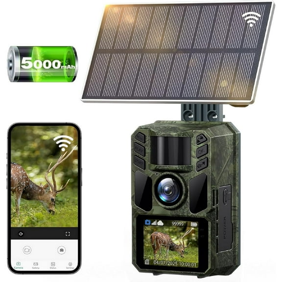 WiFi Trail Camera Solar Trail Cam - 4K 64MP Trail Cameras with Night Vision, IP67 Waterproof Camera for Deer Wildlife Monitoring Hunting with 64GB Memory Card