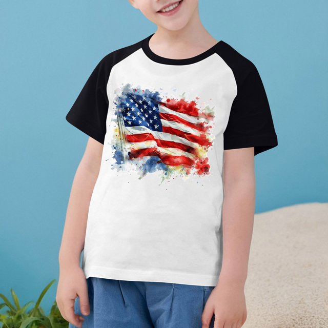 MKOSPLRT T-Shirt Drapeau Américain Tout-Petit Enfants Garçons Filles Patriotique Manches Courtes Raglan T-Shirts Col Rond Rouge Blanc et Bleu T-Shirts 3-14a