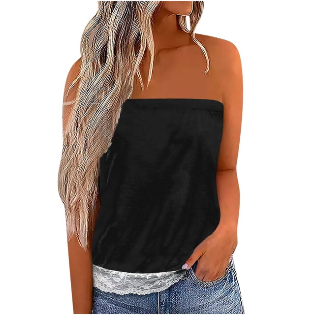 Top de blusa de tubo sin mangas informal de verano con retazos de encaje Bandeau sin tirantes para mujer Fridja ghk7294