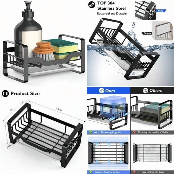 Sink Caddy Sponge HolderSponge Holder for Kitchen Sink Kitchen Sink Organizer for Soap Brush Dispenser Countertop Sink Caddy Organizer with Removable Drain Tray
