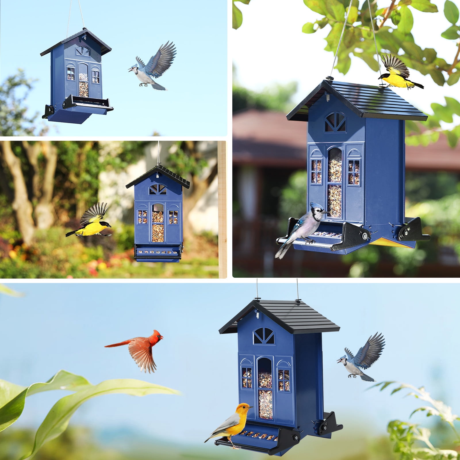 Birdkiss 5lbs Squirrel-Proof Wild Bird Feeder with Bilateral Weight-Activated Perches, 14 Feeding Ports, Outdoor Bird Feeder for Garden Yard Outside, Blue