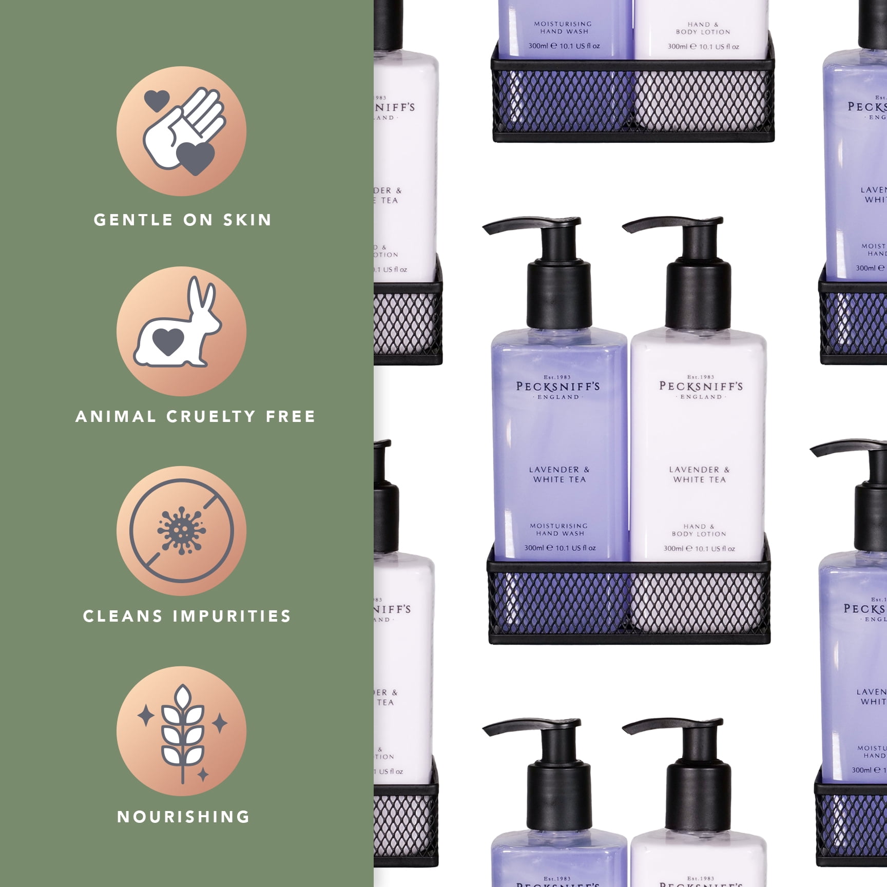 Pecksniffs Lavender & White Tea Moisturizing Hand Wash and Hand Lotion in a Black Mesh Caddy | 300ml/10.14 Fl oz