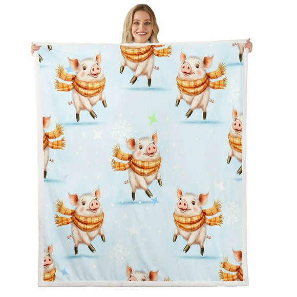 Erosebridal Cartoon Pig Sherpa Blanket, Cute Animal Fuzzy Blanket Throw, Winter Snowflake Fleece Blanket, Fleece Throw Bedroom Decor, 50x60