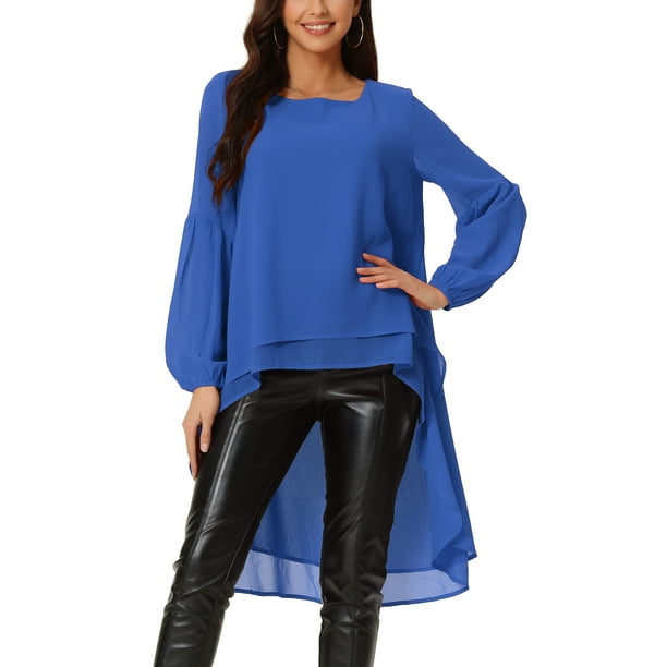 Blusas asimétricas de chiffon de manga larga con cuello redondo para mujer, estilo casual y elegante, color azul real