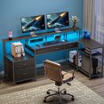 thumbnail image 1 of Greenstell Bureau de Jeu Informatique 64 Pouces avec LED, Bureau en L avec Prises et Support pour Moniteur, Bureau de Maison avec Tiroirs de Rangement, Noir, 1 of 7