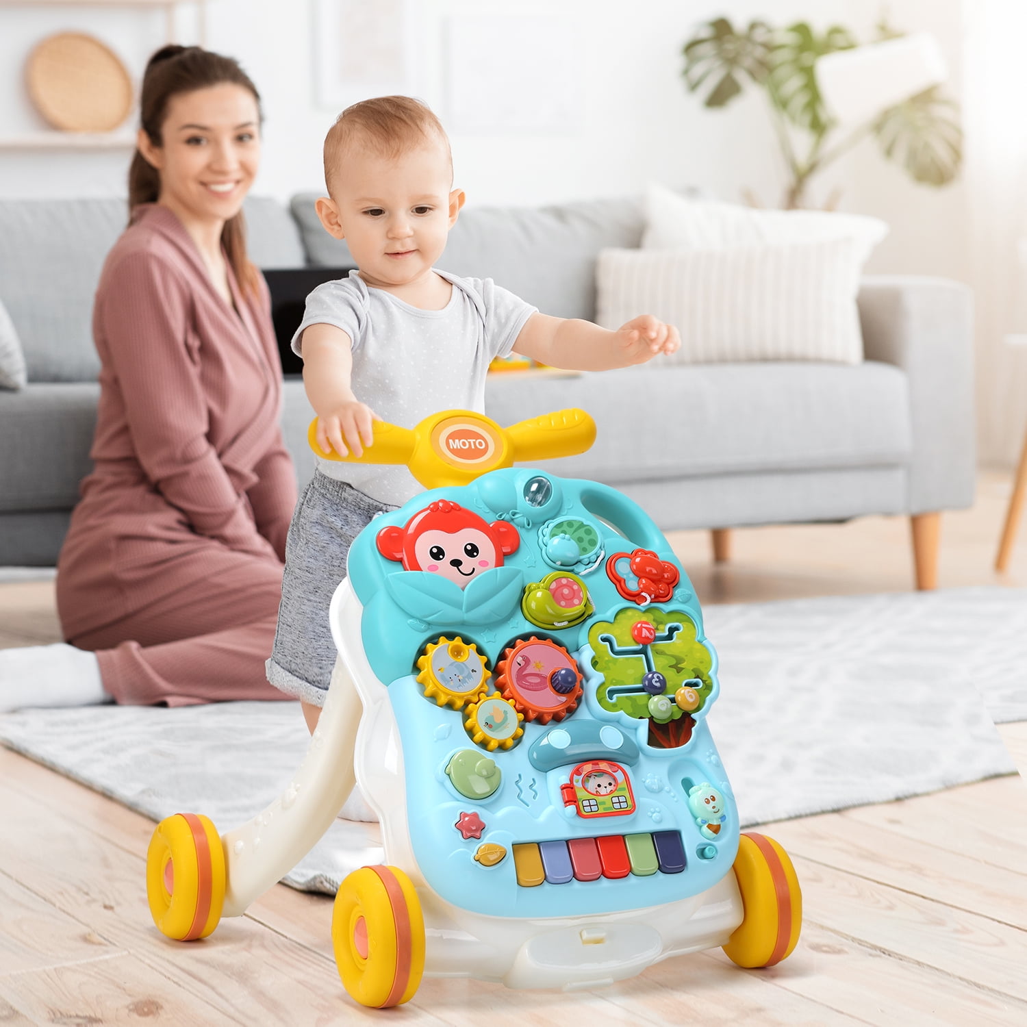 JoyStone 2-in-1 Baby Walker with Musical Play Table, Sit to Stand Toddler Learning Push Toys for 6-18 Months