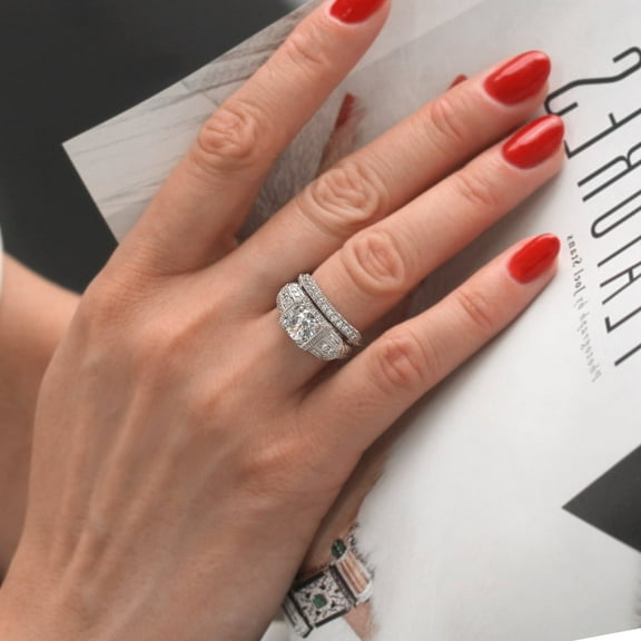 Blubell Jewels Brilliant Round Cut Cubic Zirconia Bridal Ring Set – 14K White Gold Finish, Engagement & Wedding Bands for Women