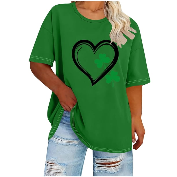 Xuyuer St Patrick's Day Shirt for Women Plus Size Tops Short Sleeve Casual T-Shirt Kindness Flowers Print Pullover Tunic 1X-5XCute Graphic Tees Loose Fit Flower Printing Crew Neck T Shirts