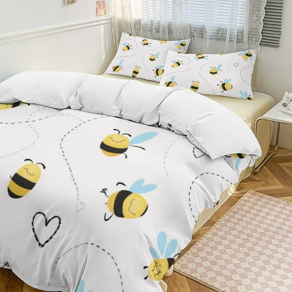 Cute Bee Pattern Duvet Cover Set Themed Multicolor Polyester Bedding Set for Bedroom Decoration