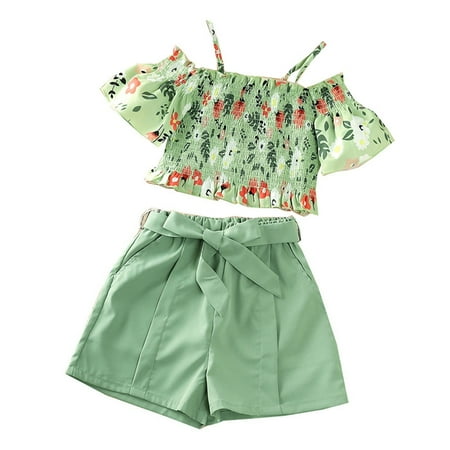 

Little Child Big Kids Girls Casual Suit Tassels Flowers Sling Short Sleeve Top Solid Color Elastic Shorts 2PCS Sets Outfits Sets Baby Fashion Dailywear Child Clothing