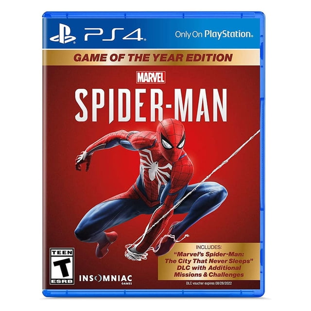 juego marvel spider-man goty ps4 s2g mexico s010 edición física PS4, portada roja con Spider-Man saltando en pose dinámica, banda dorada "Game of the Year Edition", logotipos PlayStation y Marvel y nota que incluye DLC "The City That Never Sleeps".