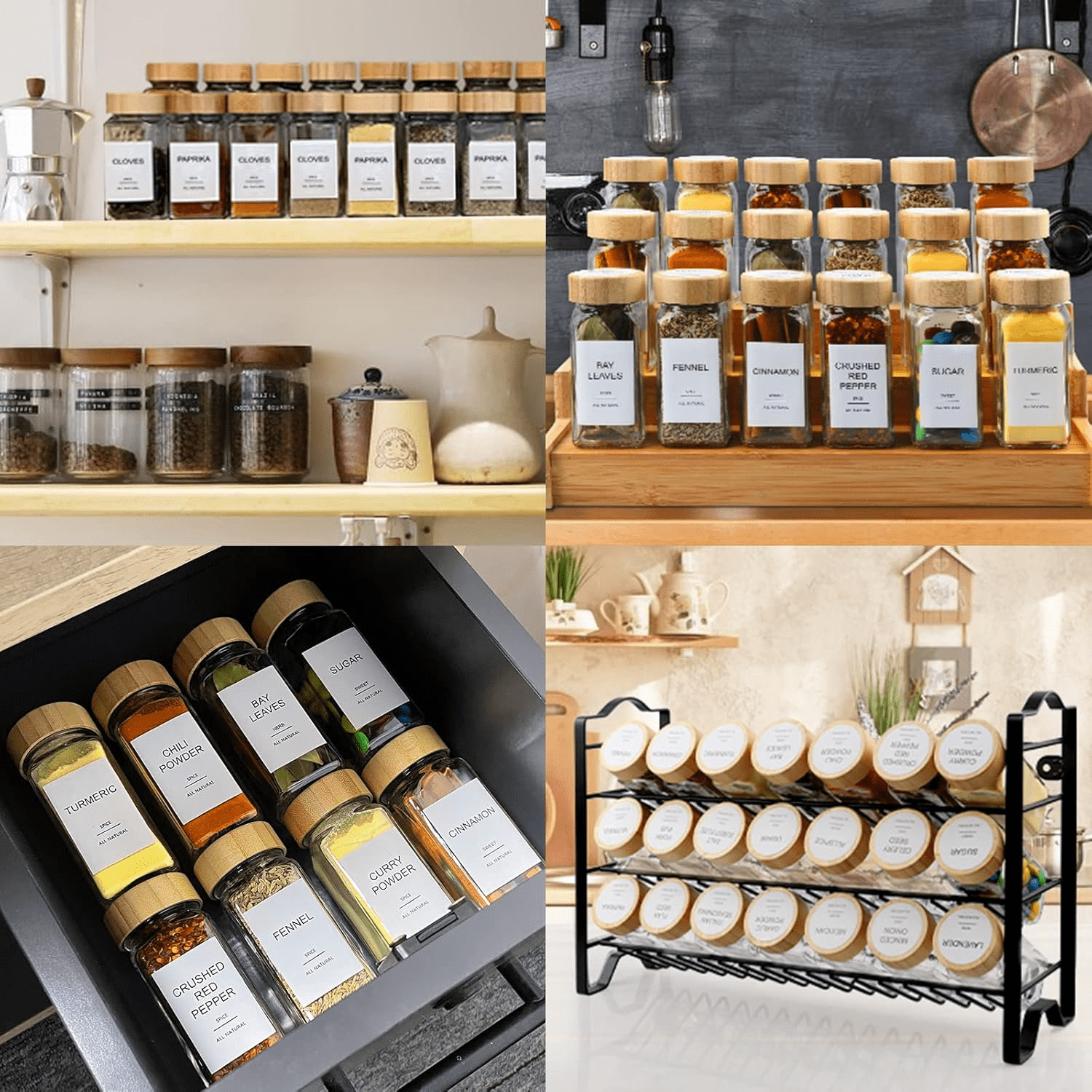12 Pcs Glass Spice Jars with Bamboo Lids, 4 oz Glass Jars with Minimalist Farmhouse Spice Labels Stickers, Collapsible Funnel, Seasoning Storage Bottles for Spice Rack, Cabinet, Drawer