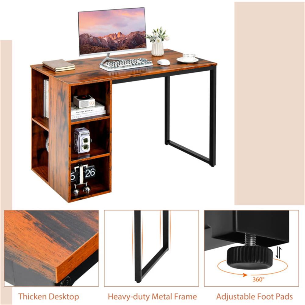 Demi Bonn Computer Desk with 5 Side Shelves and Metal Frame, Small Home Office Desk Study Writing Table, Brown