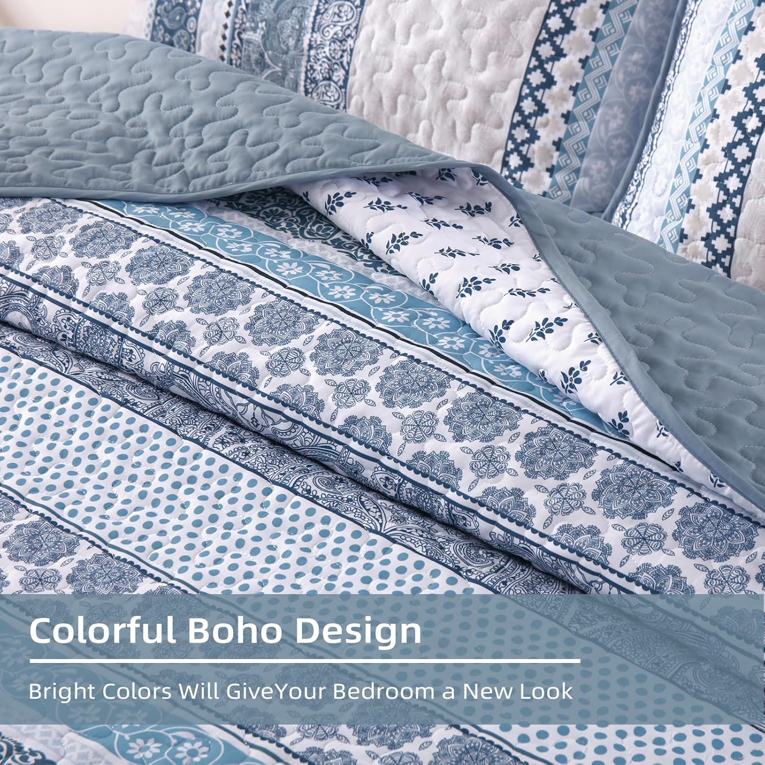 Boho Quilt Set Queen Size, Light Blue Bohemian 3 Pieces Quilt Sets, Lightweight Summer Bedspread Coverlet Bedding Set for All Season (96"x90")