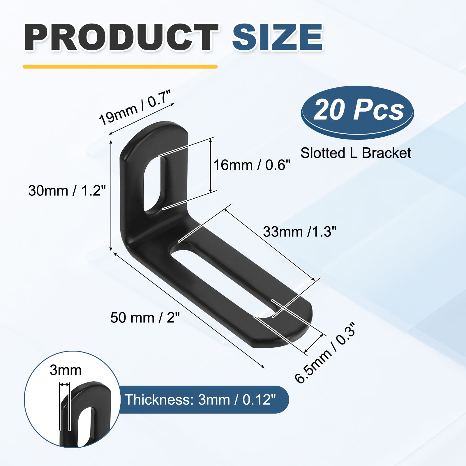 Uxcell 20 Pcs Adjustable Right Angle Brackets, Slotted L-Shape Corner Bracket 2"x1.2"x0.7", 90 Degree Steel l Bracket Support for Shelves, Wood Furniture Construction, Matte Black