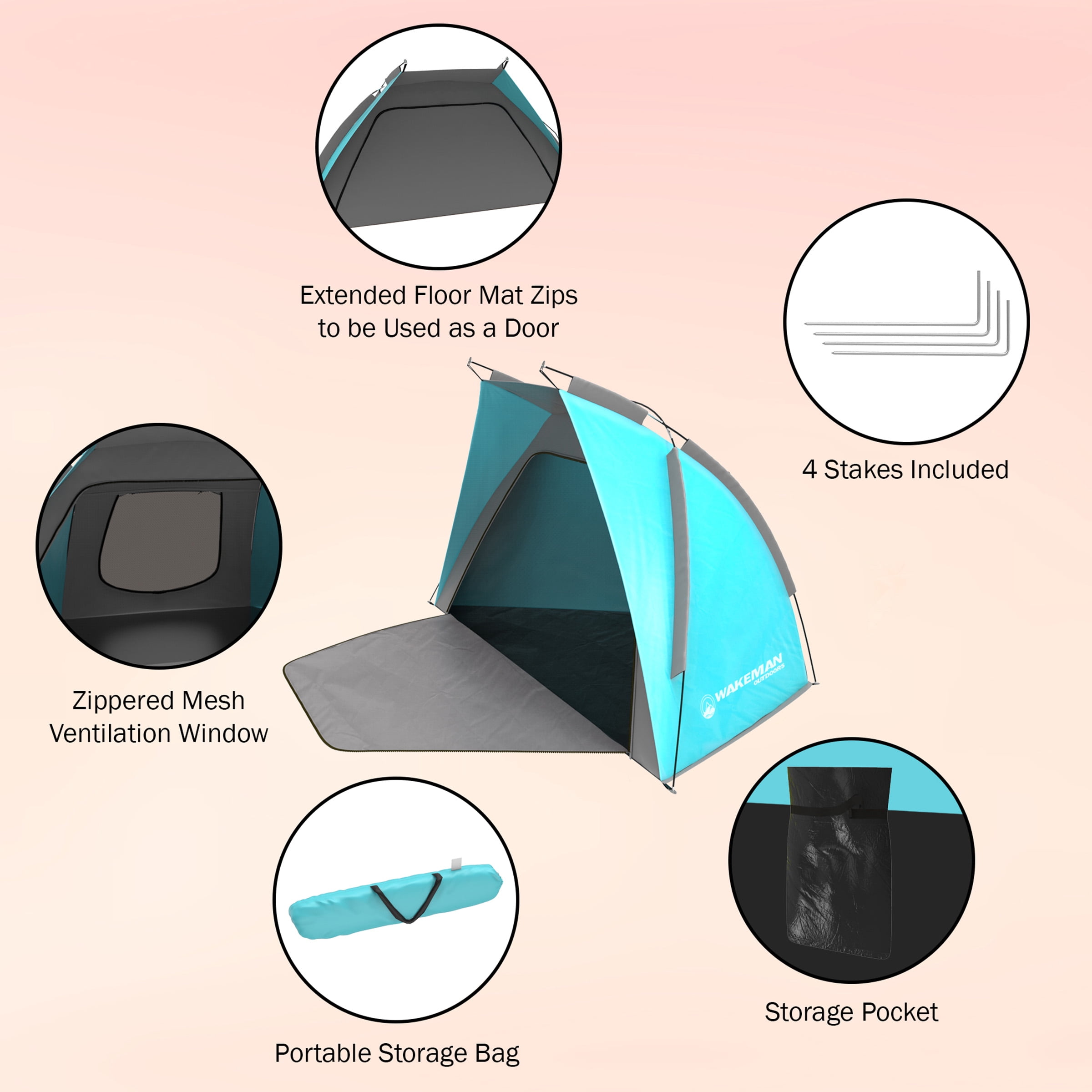 Beach Tent Sun Shelter- Sport Umbrella, UV Protection, Zip Up Porch for Privacy & Carry Bag- Shade for Families, Kids & Baby by Wakeman Outdoors