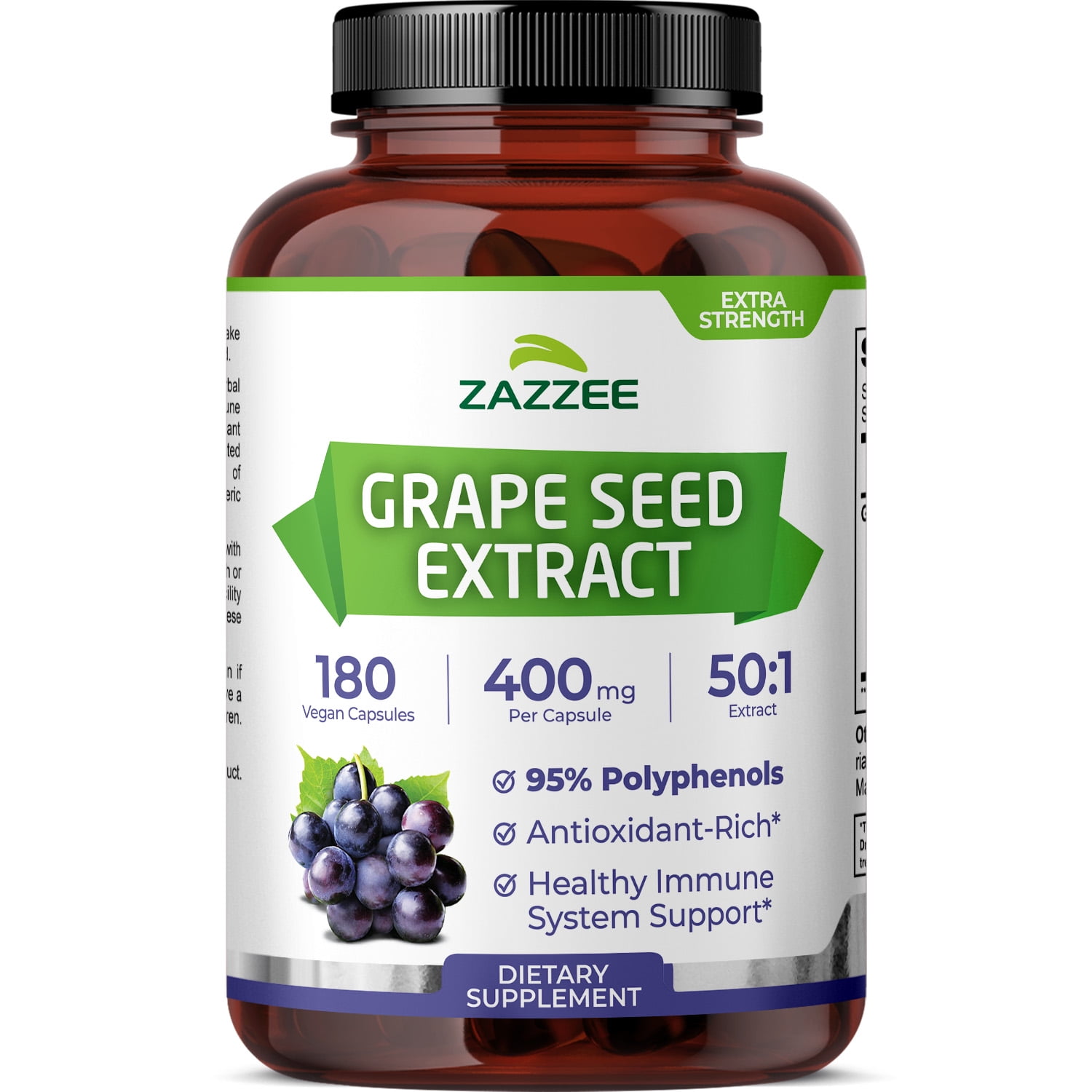 Zazzee Grape Seed Extract 400 mg per Capsule – 180 Vegan Capsules – 50:1 Concentrated Extract – 95% Polyphenols – Supports Antioxidant & Immune Health – Vegan • Non-GMO • Made in USA