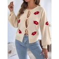 thumbnail image 4 of Women Jacquard Pattern Crew Neck Front Self Tie Cutout Lantern Long Sleeve Loose Knit Sweater Color L, 4 of 9