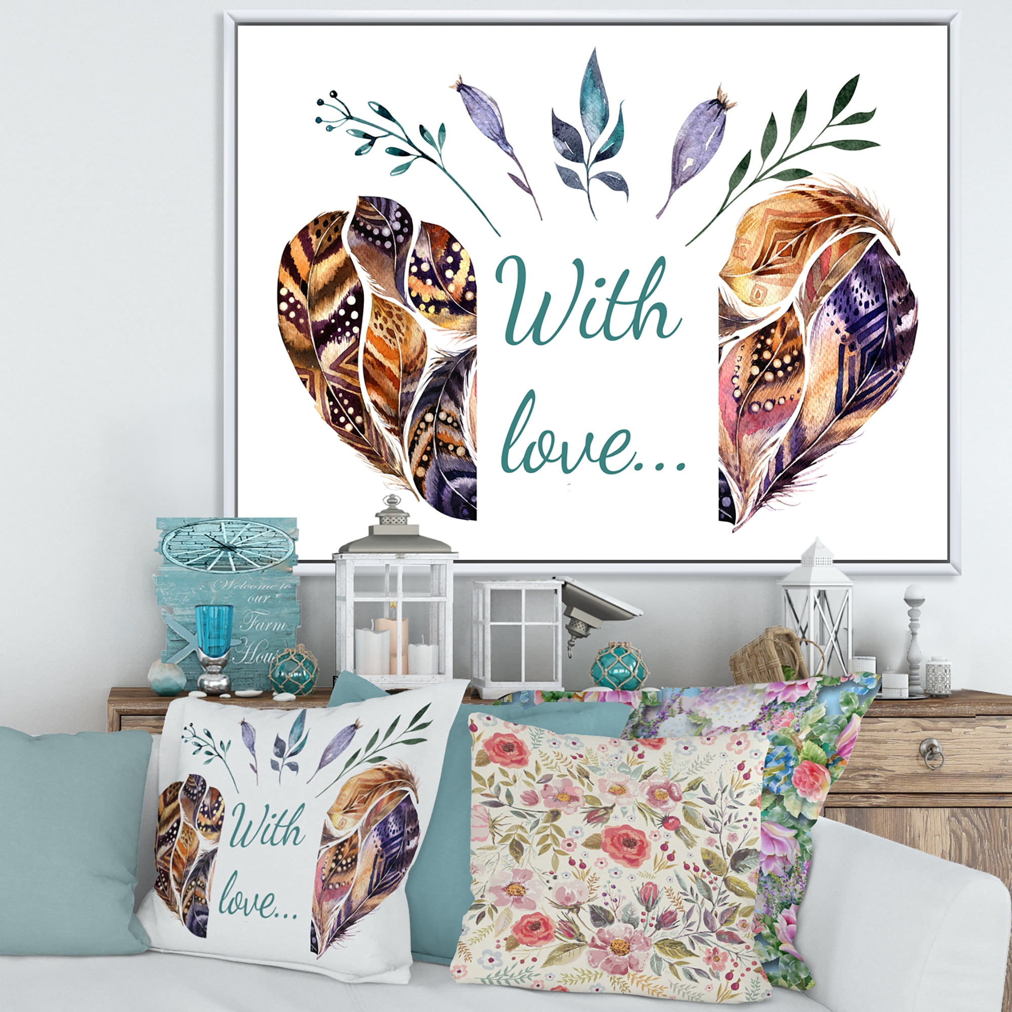 Hearted Shaped Feathers With Love 20 in x 12 in Framed Painting Canvas Art Print, by Designart