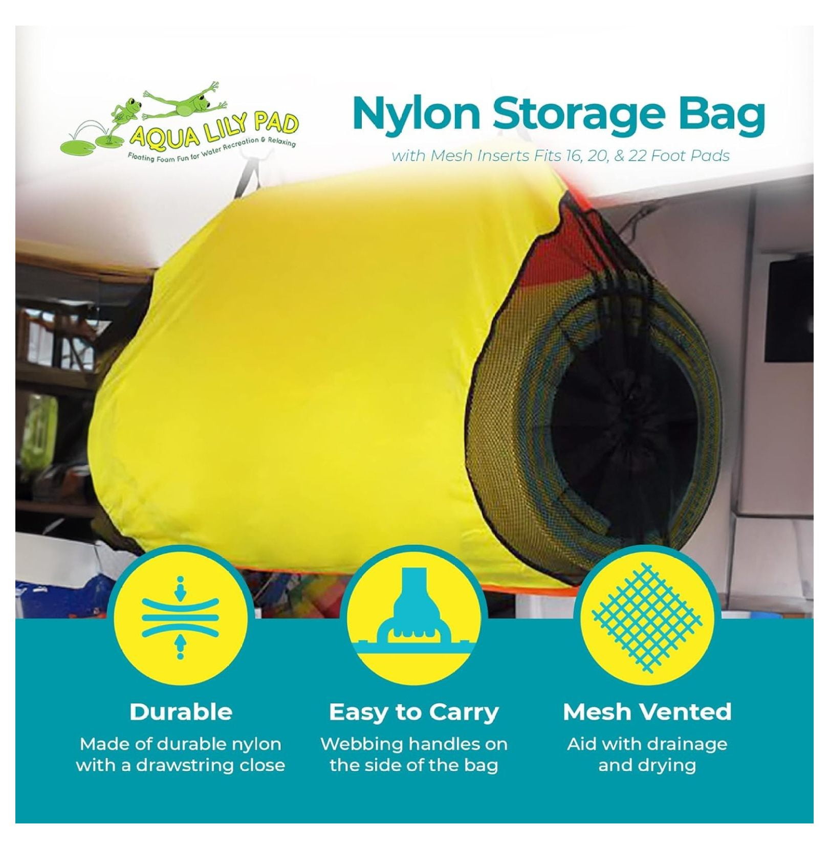 Aqua Lily Pad ACC-SB-XL-Y Nylon Storage Bag with Mesh Inserts and Mounting , Fits 16, 20, & 22 Foot Pads - Yellow