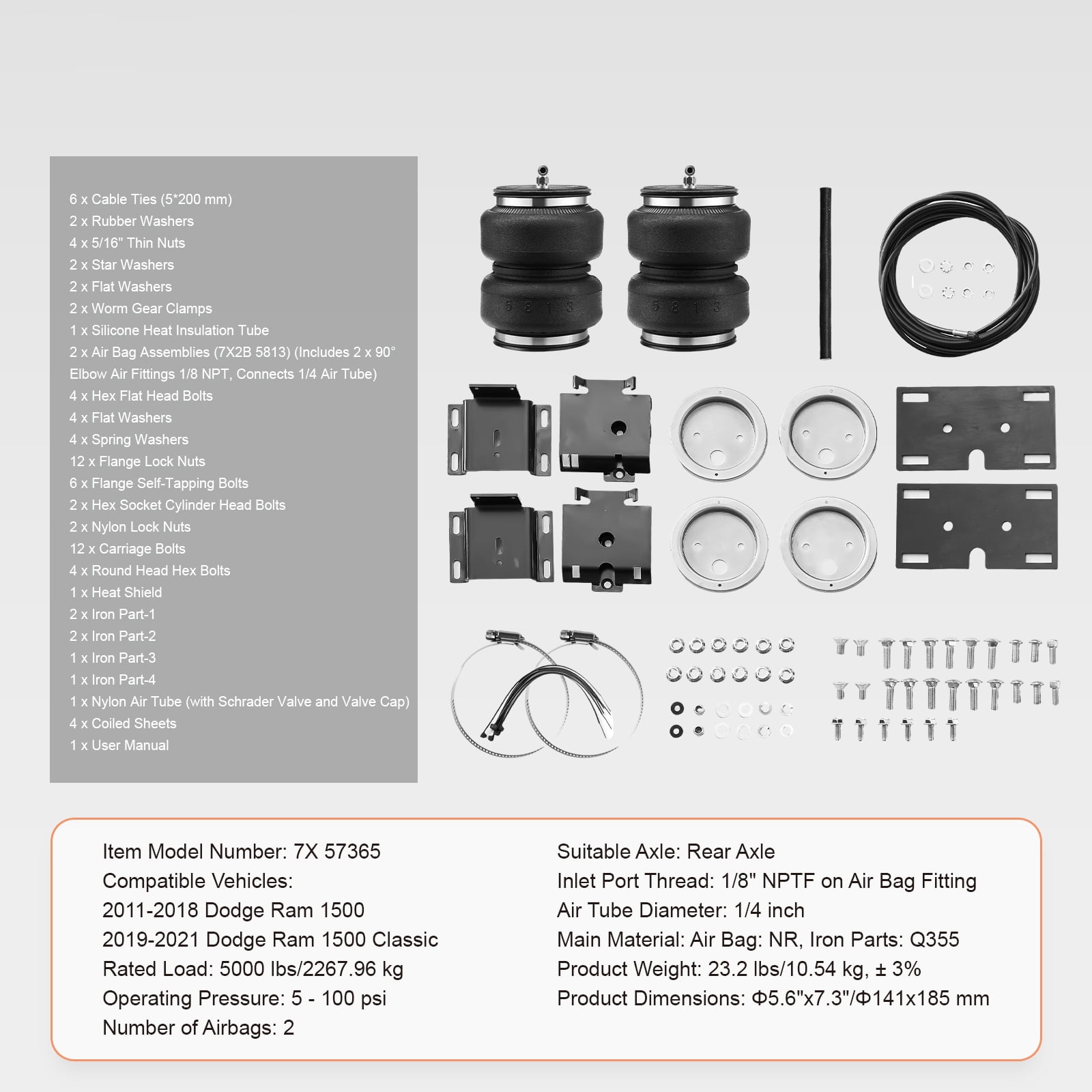 KFFKFF Air Bag Suspension Kit, Compatible with 2011-2018 Dodge Ram 1500 and 2019-2021 Dodge Ram 1500 Classic, Supports Up to 5000 lbs, Adjustable Pressure Range from 5 to 100 PSI