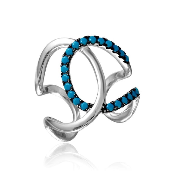 Rhodium Plated 925 Sterling Silver Ring Simulated Turquoise Band Blue CZ Jewelry Female Size 6
