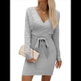 thumbnail image 2 of Vestido Ajustado de Larga para Mujer, Cuello en V, Punto , Aberturas Laterales y Cinturón. Gris M, 2 of 10