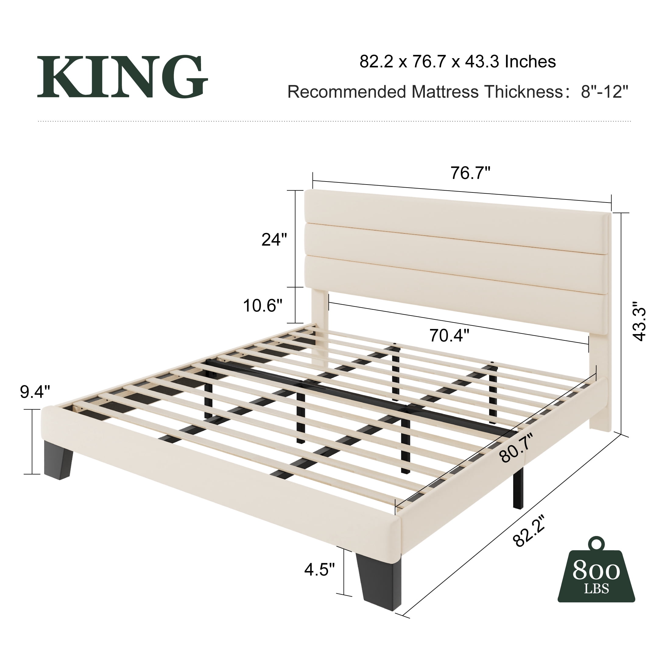 Amolife King Bed Frame, Platform Bed Frame with Velvet Upholstered Slat Headboard, Cream