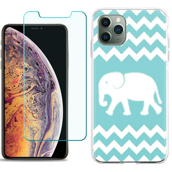For Apple iPhone 11 Pro Case , Slim-Fit TPU Protective Phone Case with Tempered Glass Screen Protector, by OneToughShield ® - Chevron/Teal/Elephant