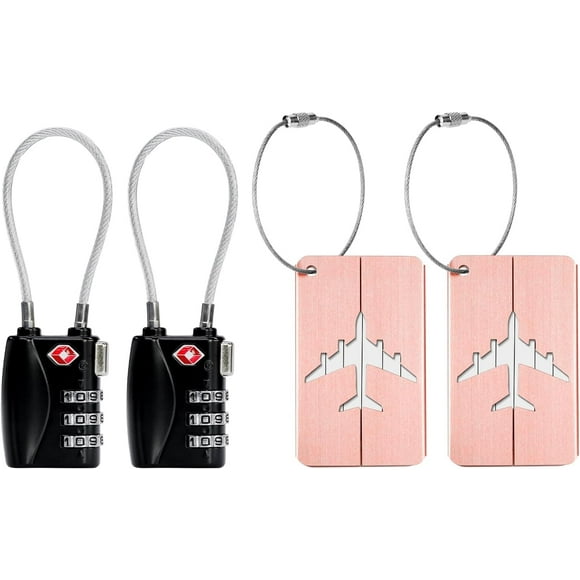 SHIQI-2 Pack TSA Luggage Lock and 2 Pack Aluminium Metal Luggage Tags, Mini Combination Password and Suitcase Card Holder Bag Tag Name Address ID Bag Label with Key Ring