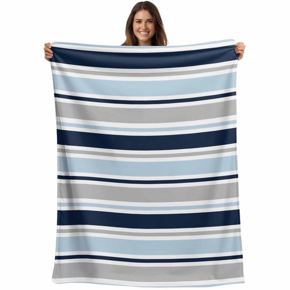 Navy Blue Gray Striped Blanket Soft Cozy Warm Throw Blanket for Couch, Plush Fuzzy Flannel Fleece Blankets for Sofa, Farmhouse Stripes Modern Abstract Art Bed Blankets Gifts for Men, 40"x50"