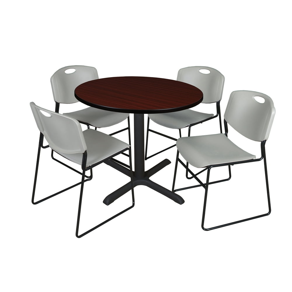 Cain 36" Mahogany Round Breakroom Table and 4 Zeng Stack Chairs