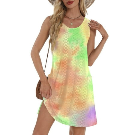 GXIPO Eyelet Swim Dress for Women Swimwear Sleeveless Sundress Womens Summer Dresses Bathing Suit Cover Up Bikini Beach Cover Up Tie Dye Casual Boho with Pockets Yellow S