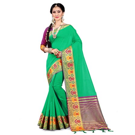 Sarees for Women Cotton Silk Woven Saree l Indian Wedding Gift Sari with Unstitched Blouse Green