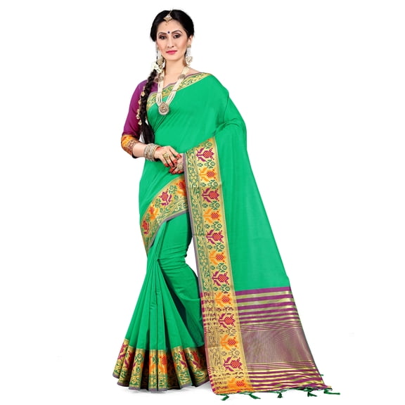 Sarees for Women Cotton Silk Woven Saree l Indian Wedding Gift Sari with Unstitched Blouse Green