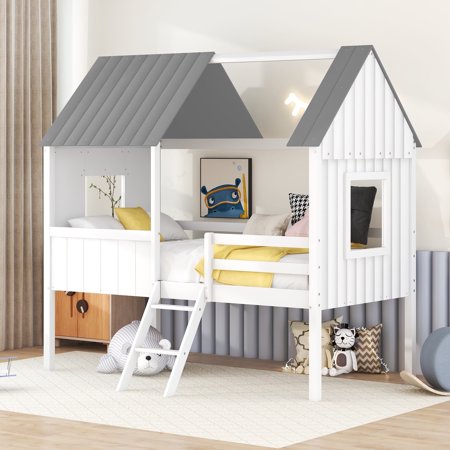 Bellemave Twin Size Low Loft Bed with Two Side Windows,Wood Loft Bed,Twin Size House Bed Frame (White+Gray)