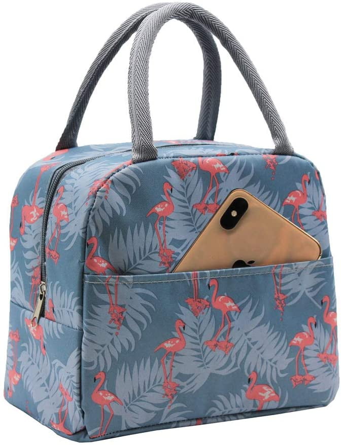 Insulated Lunch Bag for Women Men, Reusable Lunch Tote Lunch Box Organizer Cooler  Bag with Front Pocket for Work Travel Picnic (Cute Flamingo) 
