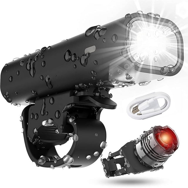 Juego de luces para bicicleta (delantera y trasera), luces LED para bicicleta, 2 modos de iluminación, recargables por USB, resistentes al agua, 400 lúmenes