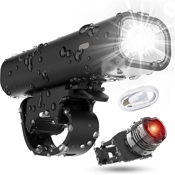 Juego de luces para bicicleta (delantera y trasera), luces LED para bicicleta, 2 modos de iluminación, recargables por USB, resistentes al agua, 400 lúmenes