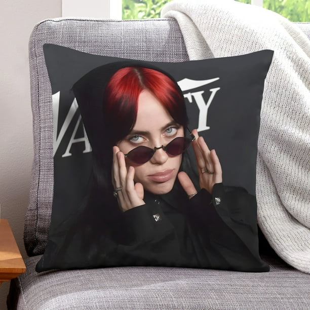 Billie Eilish Fundas de almohada de terciopelo con tema, regalos de funda de almohada, decoración para el hogar, cojín de lanzar, regalo de cumpleaños para fans y parejas. 60cm x 60cm.