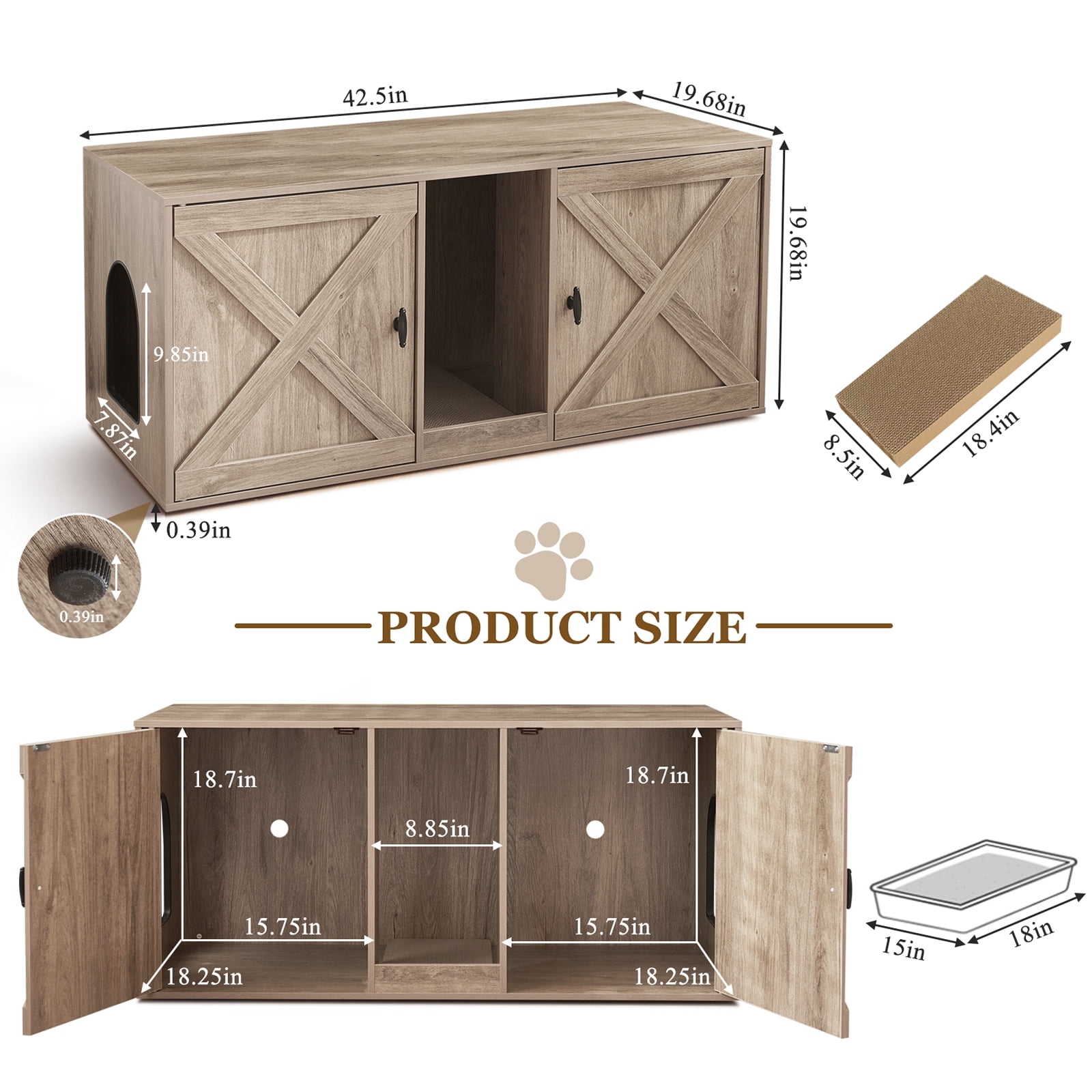 JanflyHome Hidden Cat Litter Box Enclosure, 42.5" Litter Box Furniture with Removable Cat Scratching Board Indoor for Living Room, Farmhouse Greige